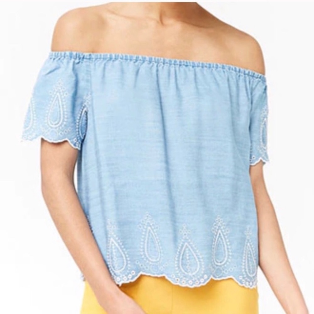 Forever 21 Embroidered Chambray Scalloped Hem Off‎ Shoulder Top Size Medium